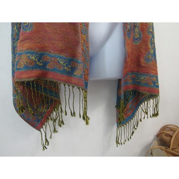 100% Pashmina Shawl Blue Red Orange Metallic Peacocks Fringe Florals Boho  Wool - Picture 5 of 8